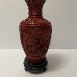 Chinese Carved Cinnabar Lacquer Vase With Stand