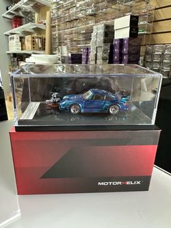 PORSCHE RWB 964 CHROME BLUE WITH MAGNETIC ENGINE 1/64 CAR BY MOTOR HELIX