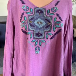 Double D Ranch 25th Beaded Embroidered Long Sleeve Aztec Tunic Asymmetric Hem M 