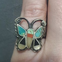 Vintage Sterling Silver Butterfly Ring With Onyx Turquoise Mother Of Pearl