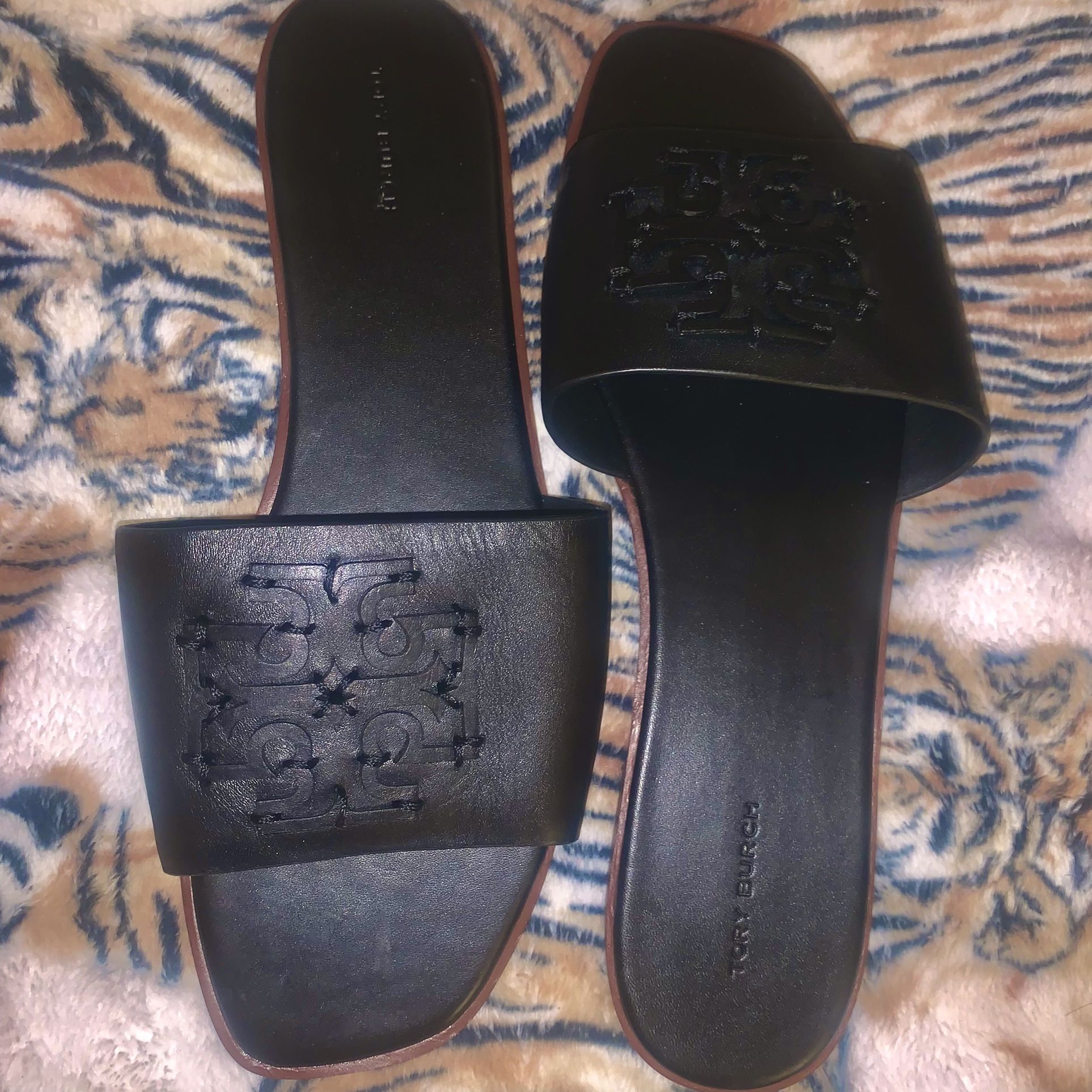 Tory Burch “Ines” Leather Slide Sandal in Perfect Black 