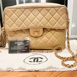 Stunning Authentic Beige Lambskin Chanel Flap Camera Bag-24KT GLD Hardware 