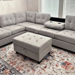 Sectional Couch with Ottoman – Water-Resistant Grey Fabric