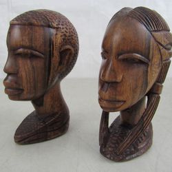 African Native Tribal Folkart Hand Carved Man & Woman Wooden Busts


