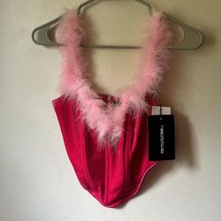 Pink Feather Trim Velvet Corset Top Retails 42$