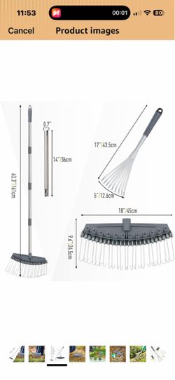 Thatch Rake Adjustable 17"-63", Efficient Metal Leaf Rakes, Wide with 24 Durable Steel Tines, Lightweight Garden Thatching Rakes Used for Mulch ,Leave