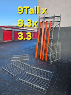 Pallet Rack Shelving Unit 9' x 8.6' x 3.6 Homestead 33033. Delivery fee
Heavy-duty pallet rack with orange steel beams and gray upright frames. Two-t