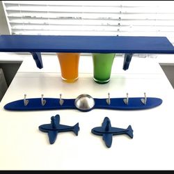 Children’s Decorative Airplane Propeller Coat Hanger, 2 plane hangers and Shelf. Wall decor. Blue/wood material