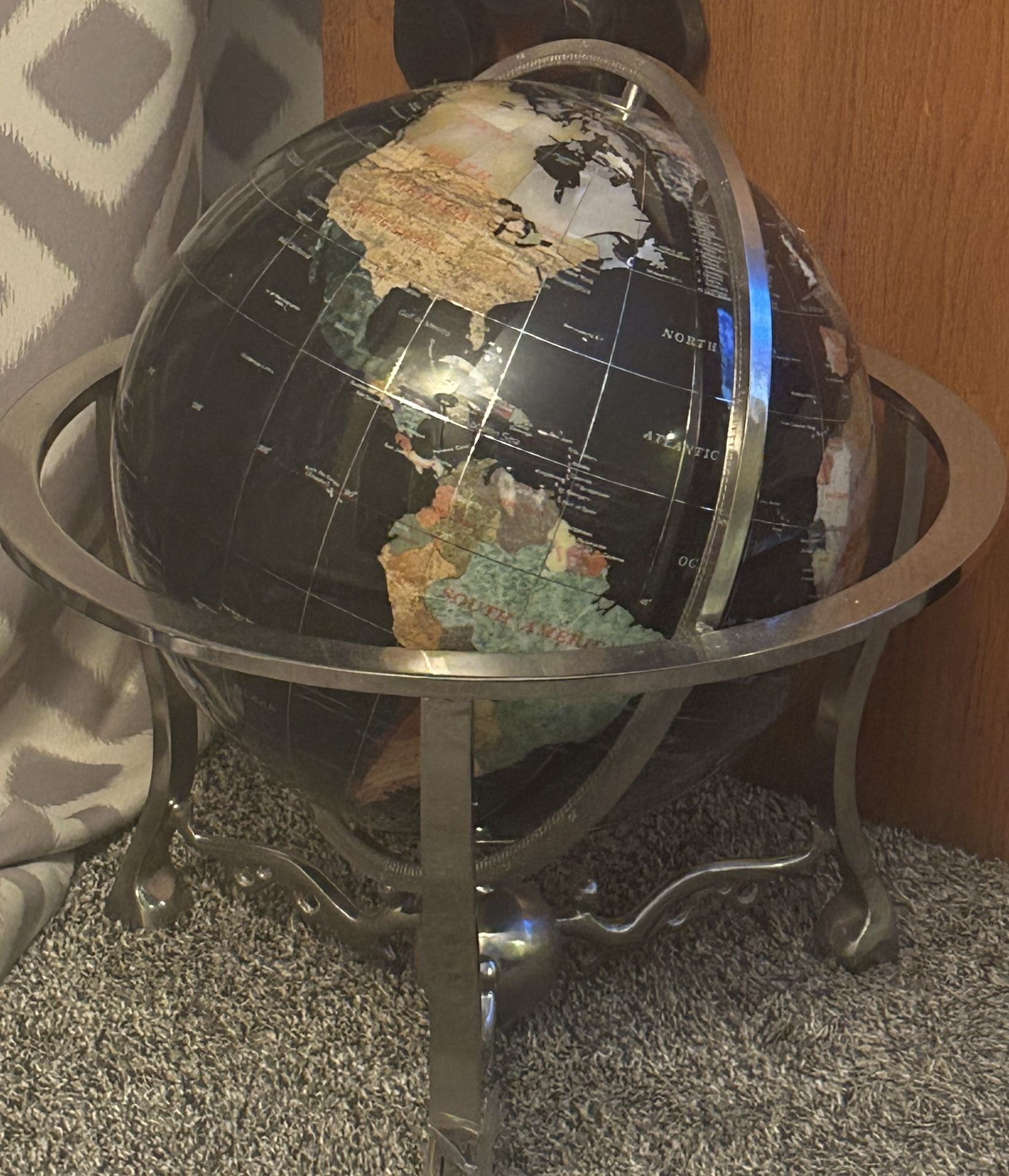 World Globe Black Onyx Gemstone with Silver Tripod