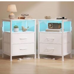 Set of 2 Nightstand with Charging Station, 2 Fabric Drawers Set of 2 Bed Side Table, App-Controlled Adjustable LED Lights, Modern, Cloud White, BELLAH