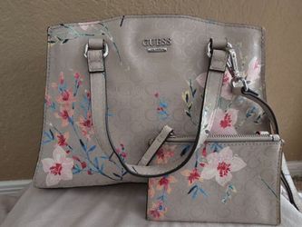 Guess Women's Satchel Top Handle Bag Beige Floral Logo Faux Leather With Wallet