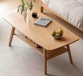 New Assembled Solid Oak Wood Coffee Table 2-Tier Storage Shelf