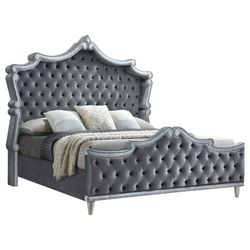GLAM GRAY VELVET QUEEN SIZE BED FRAME TUFTED BLING BUTTONS NAILHEAD ACCENTS - CAMA