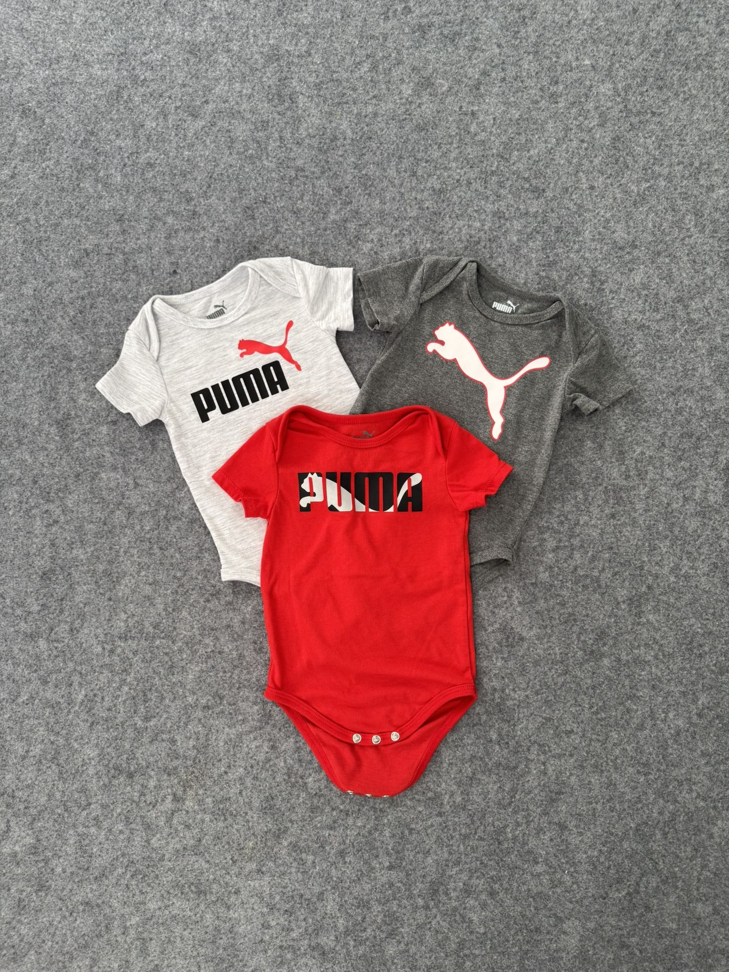 Puma Baby Bodysuit Set Of 3 Gray Red And Heather Size 6-9 Months