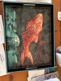 Pair Lacquered Fish print trays 20” x 15”
