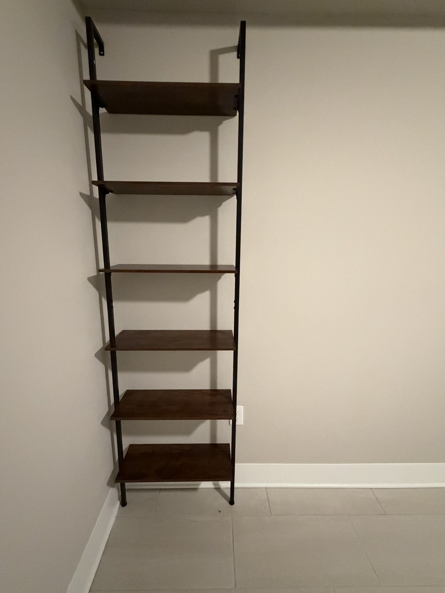 Modern 6-Shelf Wall-Mounted Ladder Bookshelf – Dark Wood & Black Metal