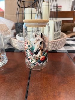 Horse Floral Glass Can Cup with Bamboo Lid