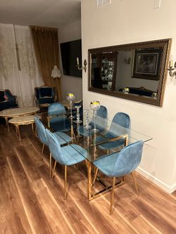 Brand New Gold Dining Table and 4 Velvet Dining Chairs