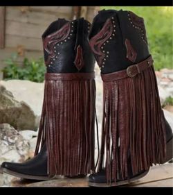 Women's Black Fringe Cowboy Boots 9.5