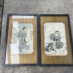 Vtg Pair 北英 Hokuei actor Woodblock Kabuki Prints Framed Mid-Century 13.5x22”