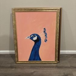 Framed Peacock Portrait Painting – Bold Colors, Gold Ornate Frame