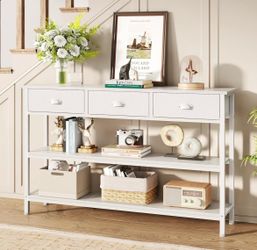 New-Furologee White Long 47" Console Sofa Table with 3 Drawers, Entryway Table with 3-Tier Storage Shelves, Display Shelf for Entry Way, Hallway, Couc