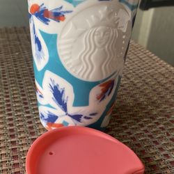 ⭐️ STARBUCKS TUMBLER SIREN CERAMIC FLORAL TEAL LEAVES 🍂 CUP 2016