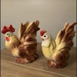 Very Vintage Chicken and Rooster. I See No Chips or Cracks. Maker Unknown 