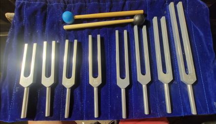 10 piece set of tuning forks + strikers and case