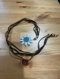 Silver Sunflower Pendant Leather Cord Necklace