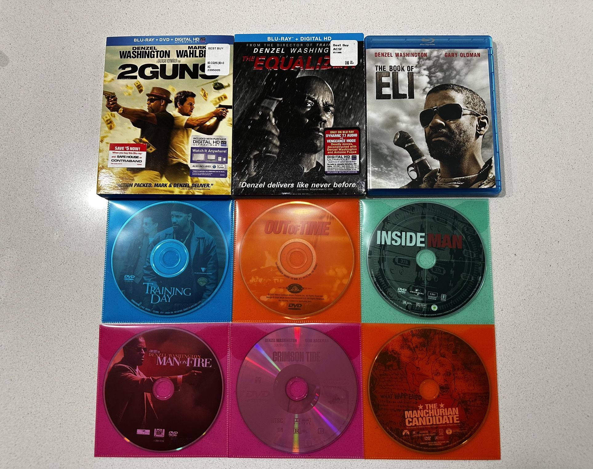 Set Of Blue-Ray And DVD Movies Starring Denzel Washington.