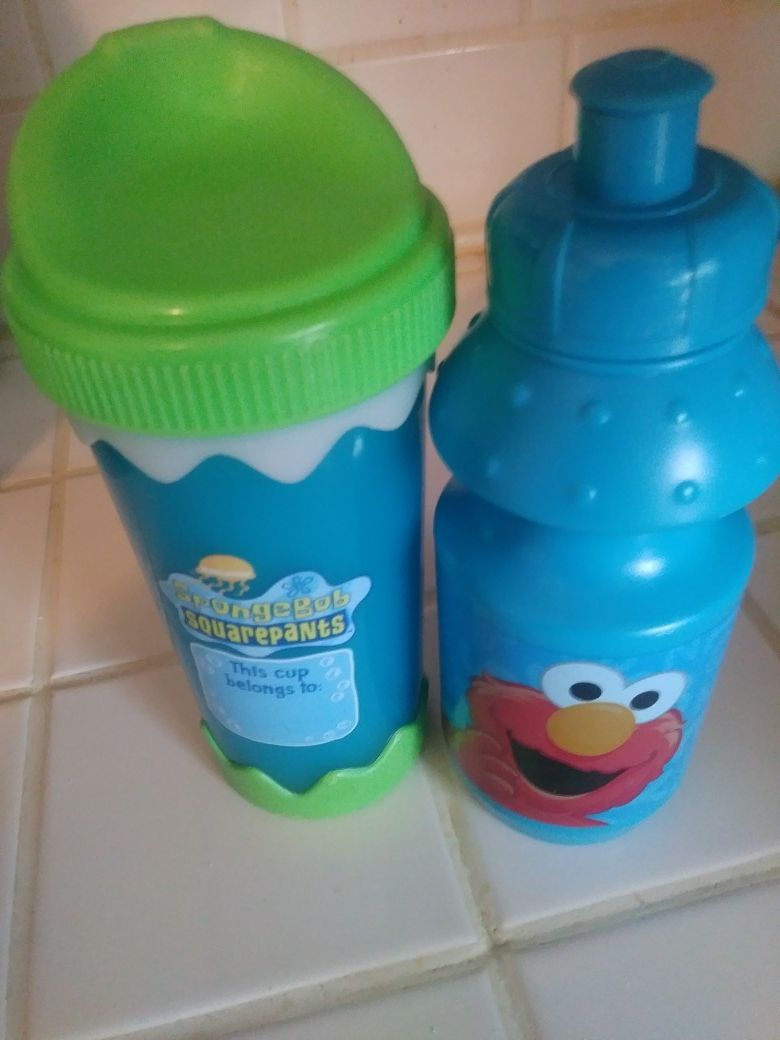 Elmo water bottle and spongebob sippy cups