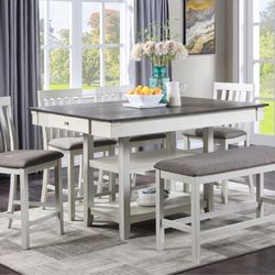 KITCHEN DINING TABLE SET CHALK WHITE/ GRAY 6 PIECE COUNTER HEIGHT DINING TABLE SET BENCH OPEN STORAGE - COMEDOR ALTO