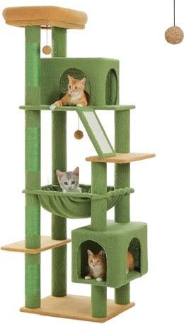 71" Meowsir Cactus Cat Tree, Multi-Level Tower, Hammock, 2 Caves, Top Perch, Scratching Pad, Green