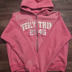 Washed Pink Rhinestone “Overly Trim” Zip Up