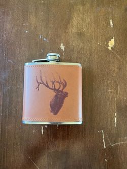 Vintage Elk Emblem Leather Wrapped Hip Flask (Stainless Steel)