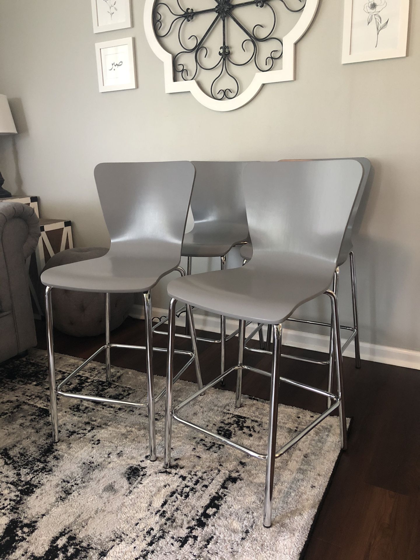 BRAND NEW! - 4 Grey Barstools - 24” Seat Height - Wood and Metal Modern Dining Chairs Stools