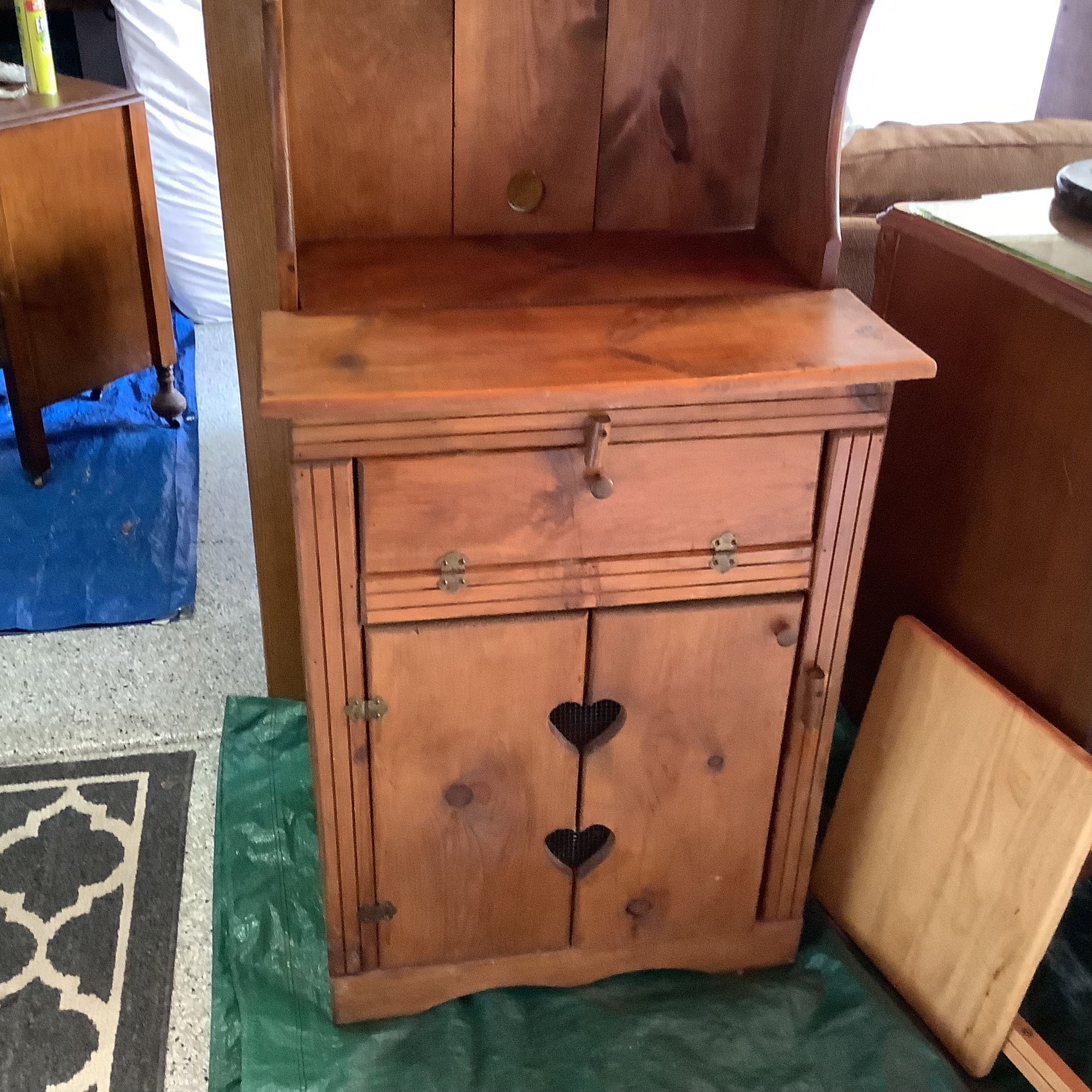 Antique Oak Hutch cabinet with top for storage, middle for microwave and bottom with shelves for storage middle section flips down for more storage sp