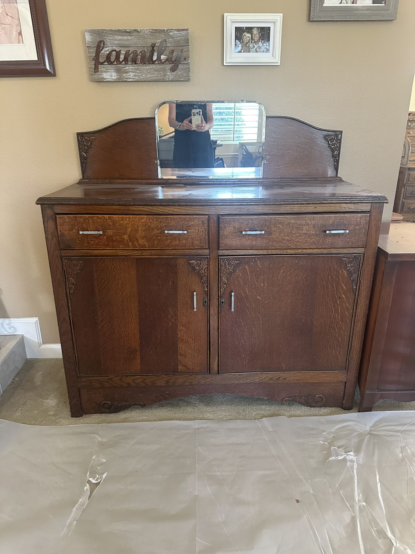 Antique Solid Wood Buffet With Mirror