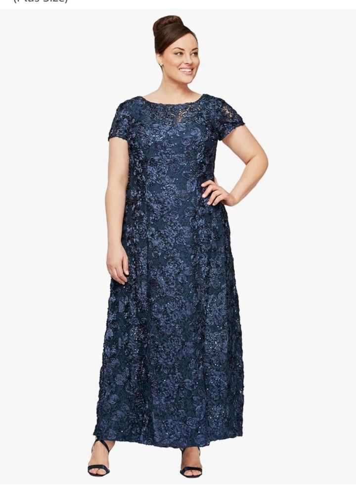 Alex Evenings Women's Long Rosette Mother of The Bride Dress with Short Sleeves, Formal Gown, Wedding Guest (Plus Size)