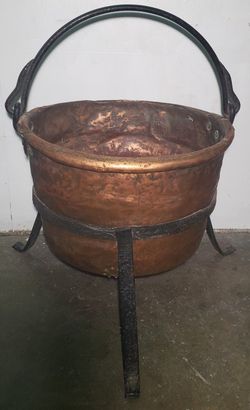 Huge Antique Copper Candy Kettle Butter Cauldron & Stand Garden Planter 1800's