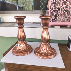 metallic Ceramic copper taper candlestick holder with holly and berries
