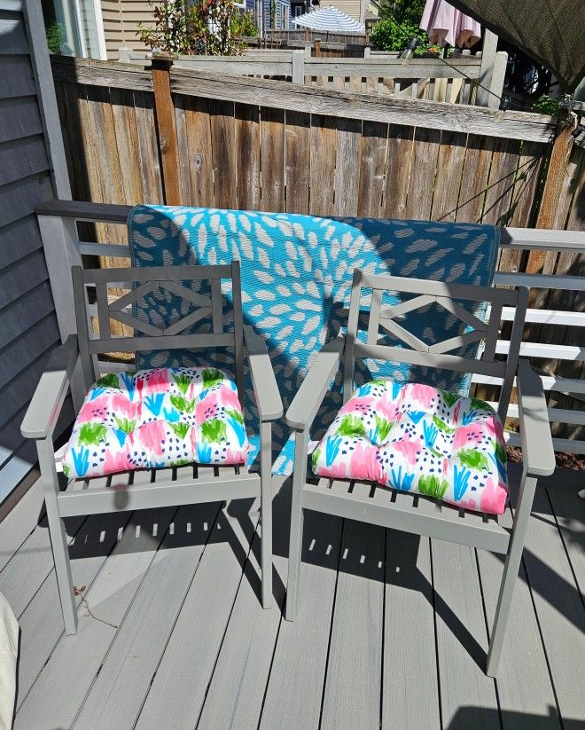 Gray Wooden Patio Chairs and Cushions - set of 2
