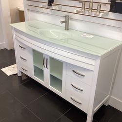 60” Bathroom Vanity Cabinet New Solid Wood Fully Assembled Softclose Drawers Doors Tempered Glass Top Sink Integrated Ready For Pick Up Today