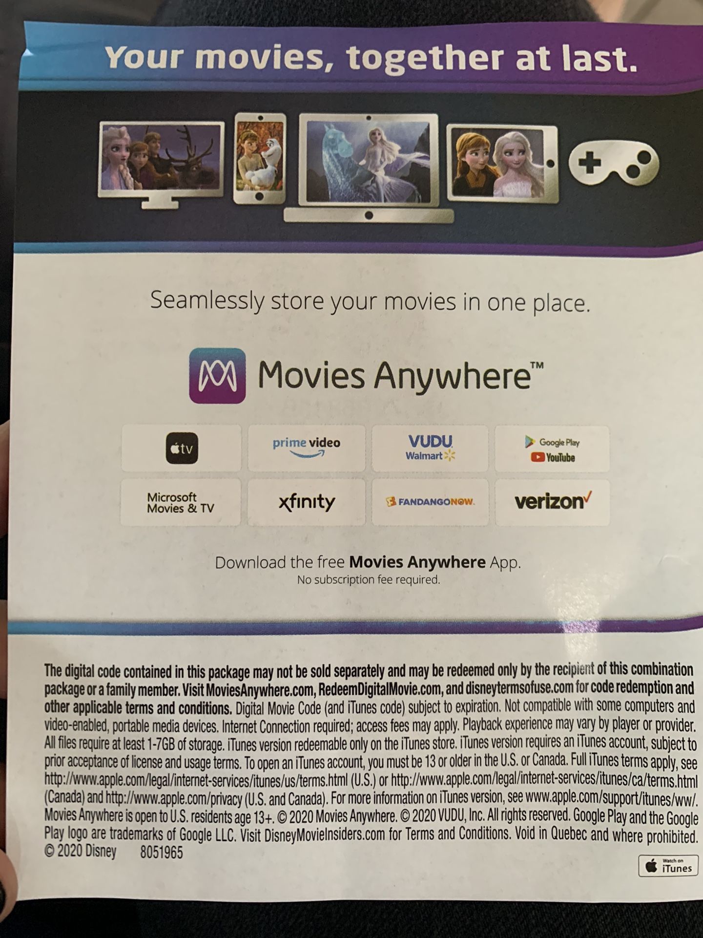 Frozen 2 Disney HD Movie Code Digital