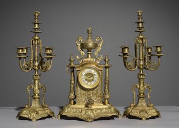 French Gilded Bronze Mantel Clock with Candelabras