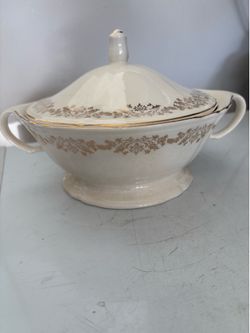 Edwin M. Knowles, Adam’s Covered Vegetable Dish, Gold Swag, Semi Vitreous USA
