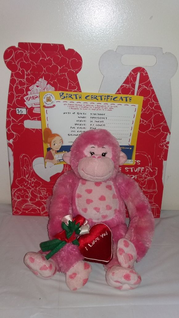 2009 Build a Bear Sweetheart monkey with Birth Certificate and Box