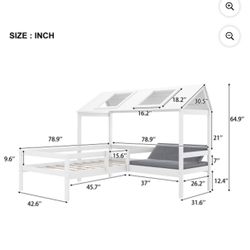 Twin Size House-shaped Bed with Roof, House Bed Frame with Seat and Cushion, White