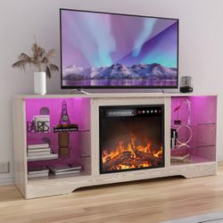  TV Stand with 18''Fireplace, Modern Entertainment Center for TVs up to 65'', Media TV Console with Adjustable Glass Shelves and Storage Beige